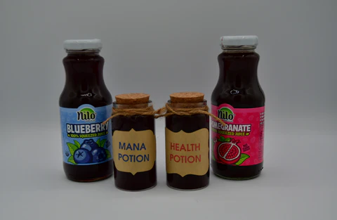 Empty Potion Bottles (100 ml) AND Blueberry/Pomegranate Juices 250 ml